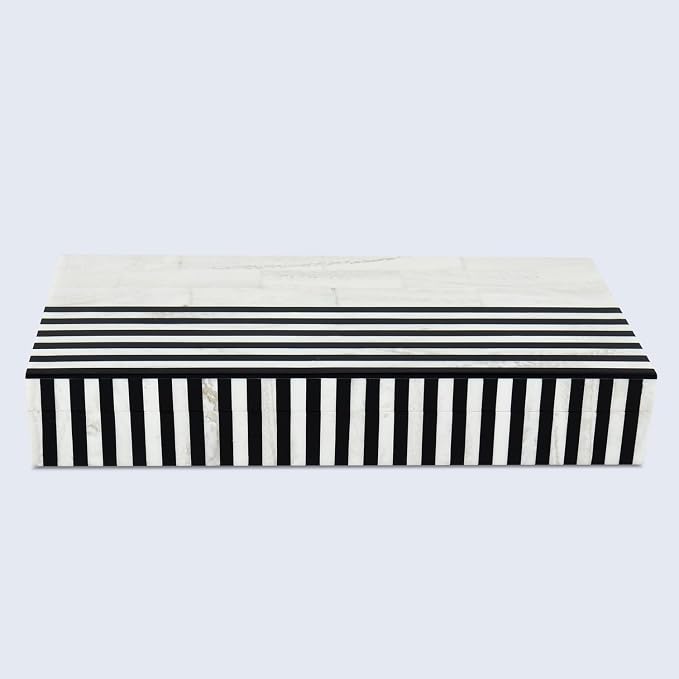 Handicrafts Home Large Decorative Storage Box with Lid – Black White Modern Storage Box, Remote Control Organizer for Coffee Table, Console & Living Room Decor – Mono Lead 12 x 6 x 2