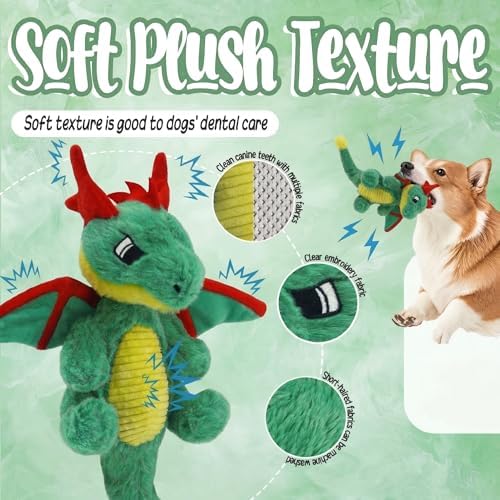 Original Dinosaur Dog Toy - Soft Plush Dog Toys for Small Medium Large Dogs（13.78''） - Cute Dog Squeak Toys with 5 Crinckle Papers & 2 Squeakers (Green)