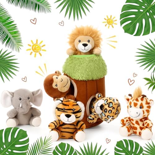 Skylety 7 Pieces Hide and Seek Dog Toys Activity Puppy Chew Squeaky Toys Plush Stuffing Burrow Woodland Stuffing with Squeakers for Small Medium Pets Dogs Puppy Gift(Lovely,Medium)