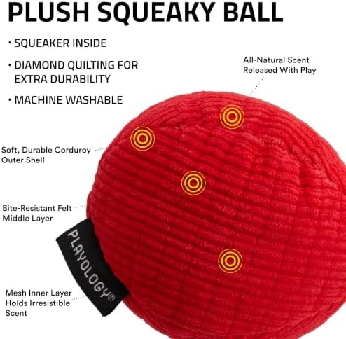 Playology Durable Plush Ball Toy - Crinkle Ball - Medium, Beef Scent