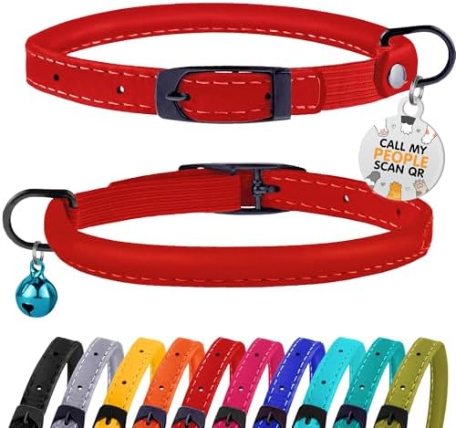 BRONZEDOG Cat Collar with Bell Kitten Rolled Leather Collars Safety QR ID Name Tag (Red)