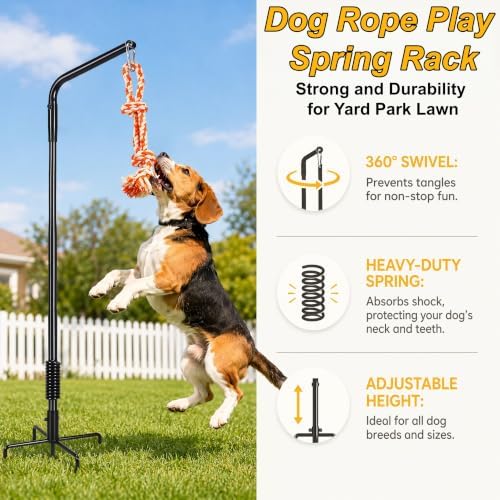 Adjustment Rotation Tether Outdoor Dog Rope Toy, Dog Rope Play Spring Rack with 3 Interactive Tug of War Toys, Self-Play & Exercise Toy for Large, Medium, Small Dogs, Heavy Duty for Yard Park Lawn