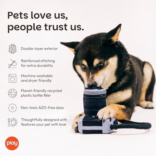 P.L.A.Y. PET LIFESTYLE AND YOU P.L.A.Y. Plush Dog Toys - Globetrotter Travel Themed Durable Squeaker Chew Toy for Puppies Dogs - Machine Washable, Recycled Materials (Lens Licker Camera)