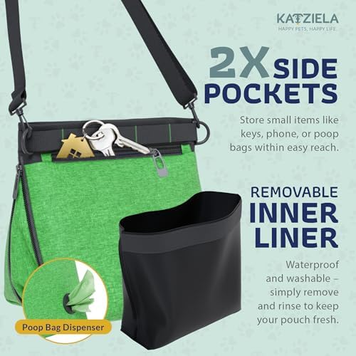 Katziela Expandable Pet Treat Pouch - Hands Free Dog Treat Pouch, Quick Access Magnet Closure - Anti Spill Dog Treat Bag - Treat Pouches for Pet Training, Adjustable Shoulder Strap & Belt Clip (Green)
