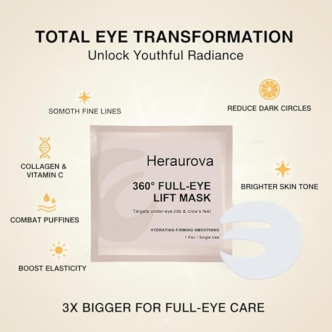 Aurova Beauty Eye Mask, Aurova Collagen Full Eye Masks, 360 Full Coverage Eye Patches with Collagen & Vitamin C, Nourishing and Non Irritating, For Puffy Eyes and Dark Circles, 5 Pairs