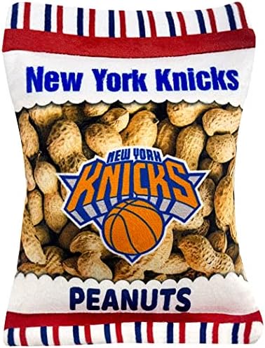 NBA New York Knicks Crinkle FINE Plush Dog & CAT Squeak Toy - Cutest Stadium Peanuts Snack Plush Toy for Dogs & Cats with Inner Squeaker & Beautiful Baseball Team Name/Logo