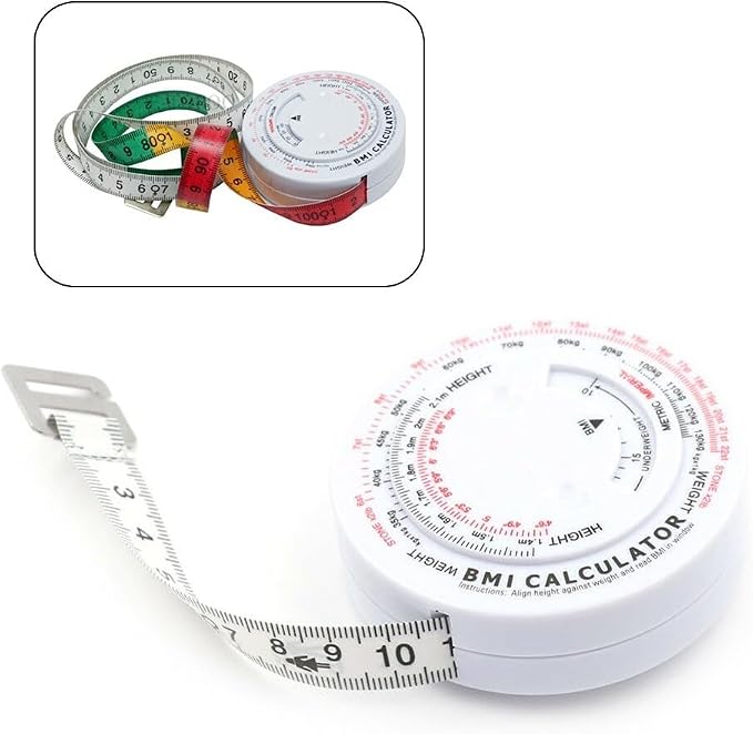 BMI Body Mass Index Retractable Tape Measure 150cm/59in, Push-Button Locking Diet Tool for Waist Hip Chest Thigh Calorie Tracking, White