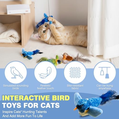 2-Pack Realistic Chirping Bird cat Toy - Soft Interactive Plush Bird Toy Infused with Catnip，Cat Enrichment Toys for Indoor Cats（Physical Sound, RedBlue）