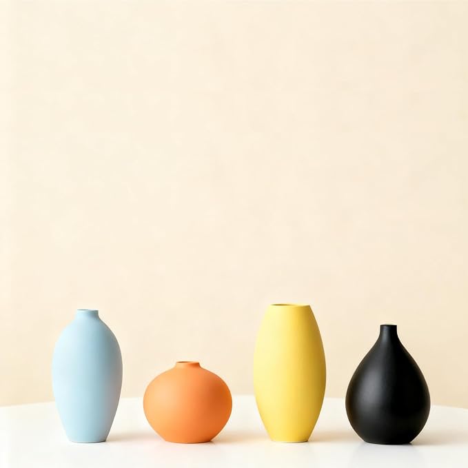Small Ceramic Matte Vase Set 4 for Modern Home Decor Flower Decoration Office,Bookdesk, Bookshelf, Centerpieces, Tables, Living Room, Dining Table, Bedroom Shelf Entryway Ornament Gift