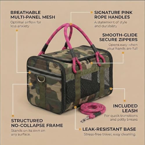 Soft-Sided Pet Carrier, Camo Pink, 19.7 x 11.8 x 11.4 in