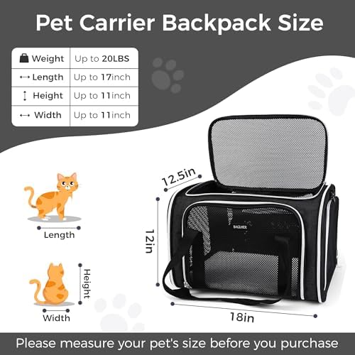 BAGLHER Pet Travel Carrier, Cat Carriers Dog Carrier for Small Medium Cats Dogs Puppies, Airline Approved Small Dog Carrier Soft Sided, Collapsible Puppy Carrier. Black