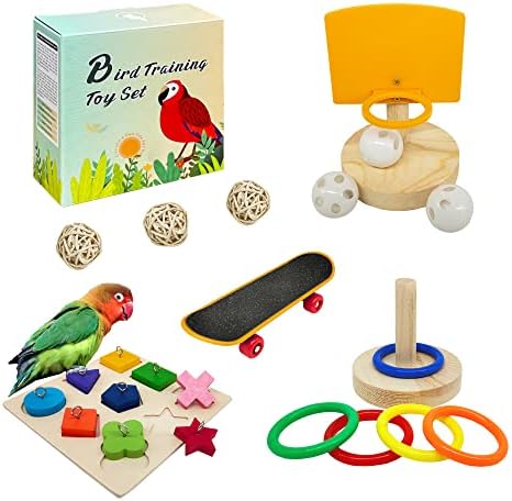 Bird Toys for Parakeets,5pcs Parrot Toys Set (Include Basketball Hop,Skateboard,Stacking,Parrot Wooden Block Puzzles,Small Sepak Takraw) Parakeet Toys for Bird Training Toys