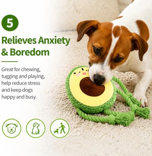 Avocado Squeaky Dog Toy with Rope Legs, Interactive Plush Dog Toy for Small Medium Large Dogs, Durable Tug and Chew Toy for Fetch, Boredom Relief, Mental Stimulation and Indoor Play