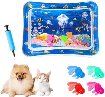 2026 Upgraded Cat Water Mat – 5-Layer Anti-Scratch Leak-Proof Sensory Play Mat for Indoor Cats, BPA-Free Cooling Water Pad, Interactive Enrichment Toy (S7, 65 * 50CM, 4 Fish + Pump Included)