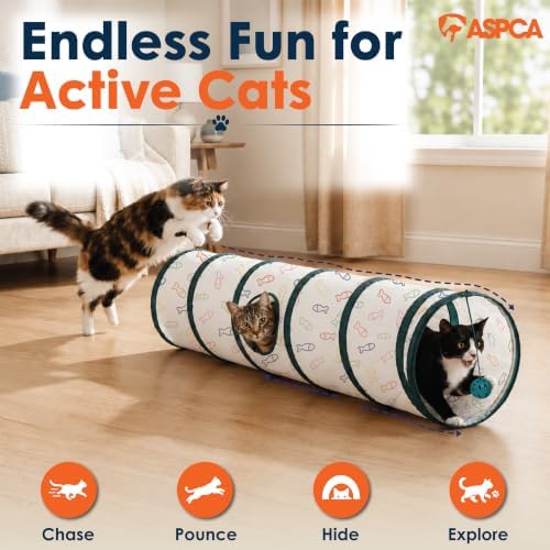 ASPCA Cat Tunnel with Rattle Toy – Interactive Collapsible Cat Tunnel for Indoor Cats, Crinkle Play Tunnel with Hanging Rattle Toy, Encourages Hiding, Chasing, Pouncing & Active Play, Fish Printed