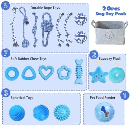 MRSOHRET 20Pcs Puppy Chew Toys - Blue Puppy Chew Toys Bundle for Teething, Puppies Teething Toys with Durable Rope Rubber Ball, Pet Interactive Toys for Small Medium Dogs with Basket