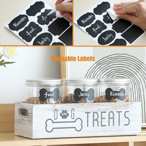 Dog Treat Container with 3 Airtight Jars, Wooden Pet Food Organizer