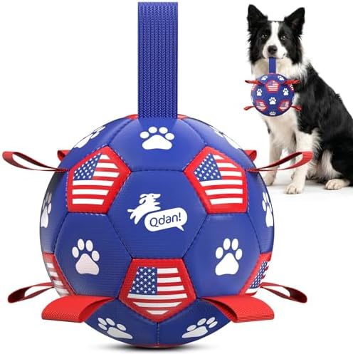 QDAN Dog Toys, Dog Soccer Ball with Straps, Herding Ball for Small Dogs | 6 Inch Dog Toy Ball for 20-40 lbs Dogs, Outside Dog Toys for Beach Pool Water Fun to Keep Them Busy, Puppy Birthday Present