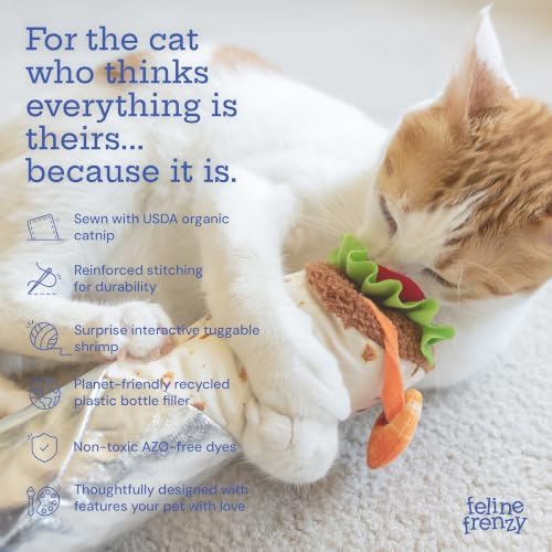 P.L.A.Y. Cute Cat Toys - Feline Frenzy Interactive Kicker Toy, Burrito Food Themed Catnip Filled Toy, Great for Adult Cats and Kittens - Double Stitched, Recycled Materials, Crinkles (Shrimp Purrito)