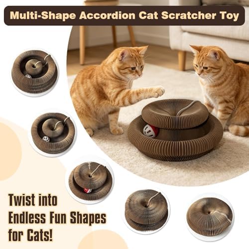 2-Pack Cat Pad Scratcher Toys, Magic Organ Cat Toy & Kitty Curls Cat Toy, Interactive Cardboard Cat Scratching Board with Bell Balls, Corrugated Scratcher for Indoor Cats, Furniture Protection