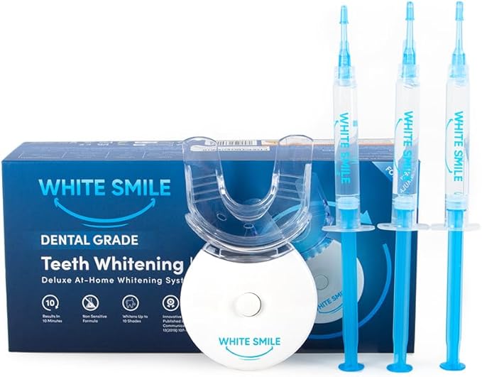 WHITE SMILE Teeth Whitening Kit with LED Light, 35% Carbamide Peroxide 3 Gel Syringes, 10-Minute Treatment, Non-Sensitive Formula, Helps to Remove Stains from Coffee, Smoking, Wines, Soda, Food