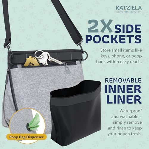 Katziela Expandable Pet Treat Pouch - Hands Free Dog Treat Pouch, Quick Access Magnet Closure - Anti Spill Dog Treat Bag - Treat Pouches for Pet Training, Adjustable Shoulder Strap & Belt Clip (Grey)