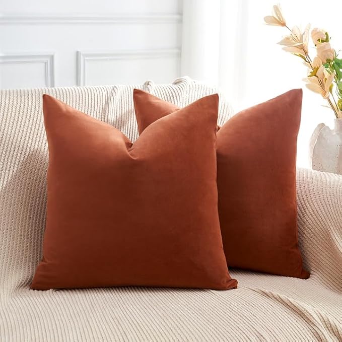 Throw Pillow Covers Set of 2 24x24 Inch Velvet Pillow Covers, Soft Rust Decorative Covers for Couch Sofa Bed Living Room, Neutral Farmhouse Covers, Home Boho Decor