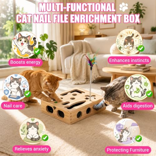 Large Cat Nail File Box, Sturdy Wood with 3 Small Balls & 2 Cat Teaser