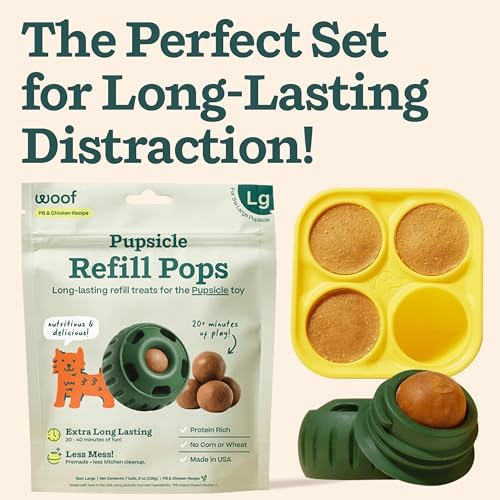 WOOF Starter Pack Dog Treat Toy for Large Dogs 25-75 lbs | Long-lasting enrichment kit, Pupsicle toy included, reusable treat mold, chicken Pops, DIY frozen treats