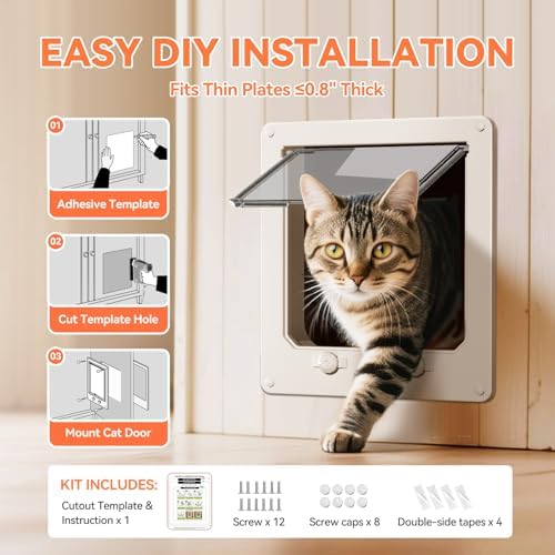 LIBBEPET Thin Interior Cat Door, 4 Way Locking for Cats ≤25 lbs，Extra Large | Fit Doors 0-0.8" Thick, Outer Size 9.8"x11.6", Anti Escape Rotating Lock, Magnetic Auto-Reset Flap, Weatherproof Brush Strips