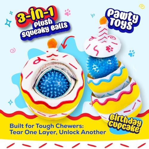 PAWTY Birthday Cupcake Dog Toy – 3-in-1 Plush Squeaky Toy with Hidden Rubber Ball – Interactive Layered Puzzle Toy for Small & Medium Dogs & Puppies – Cute Dog Birthday Gift & Party Photo Prop
