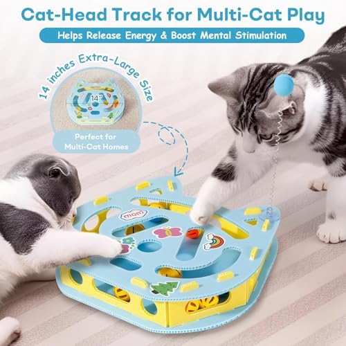 Interactive Kitty Puzzle Toy with Spring Wand Game Board, Maze Activity Playset for Indoor Cat, Rolling Ball Entertainment for Kitten Puppet