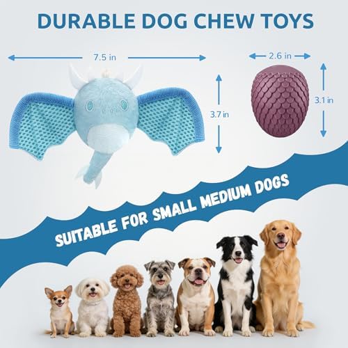 Interactive Dog Squeaky Toys, Indestructible Chew Toys Built-in Vanilla Ice Cream Flavored Ball, Puppy Plush Toys for Small Medium Chewers to Keep Them Busy - Blue Bat