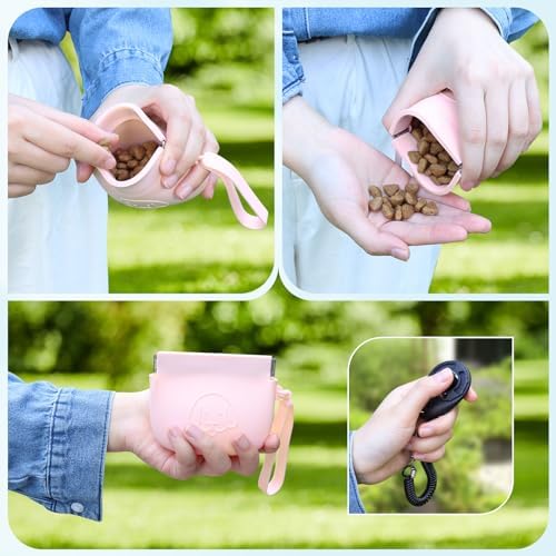 WALLFID Silicone Dog Treat Pouch Small Bag,Auto Closure,with Pet Training Clicker,Walking Bag for Dog and Cat,Pocket Size,Easy to Clean,Odorless (Blue and Pink)