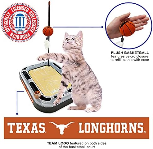 CATS SCRATCHER NCAA Texas Longhorns Basketball Court CAT Scratcher Toy with Catnip Filled Plush Basketball Toy & Feather Cat Toy Hanging, with Jingle Bell Interactive Ball Cat Chasing 5-in-1 Kitty Toy