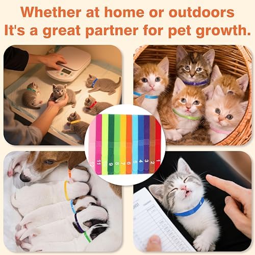 Newborn Puppy Collar Set of 12 with Numbered Tags & Weight Tracker Chart, Soft Adjustable Kitten Collar, Puppy Collars for Litter, Whelping Supplies for Kitten Small Dogs (S/M/L) (S)
