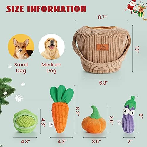 Nocciola Squeaky Fruits Veggies Stuffed Dog Toys Pack- Hide Seek Grocery Basket Crinkle Plush Puppy Toys to Keep Busy, Birthday Pet Supplies Gifts for Small Medium Breeds