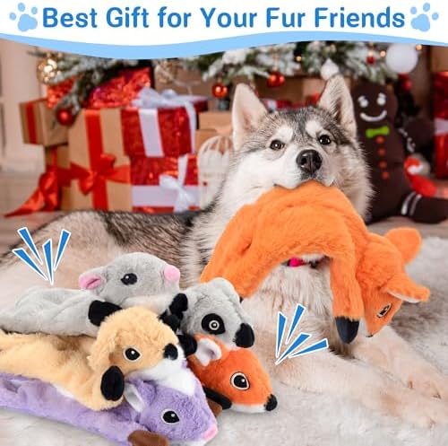 LECHONG 5-Pack Fluff-Free Squeaky Dog Toys - Crinkle No-Stuffing Body & Lightly Filled Head with Treat Hiden Pocket, Dog Toys Bundle for Aggressive Chewers Small Medium Large Dogs to Keep Them Busy
