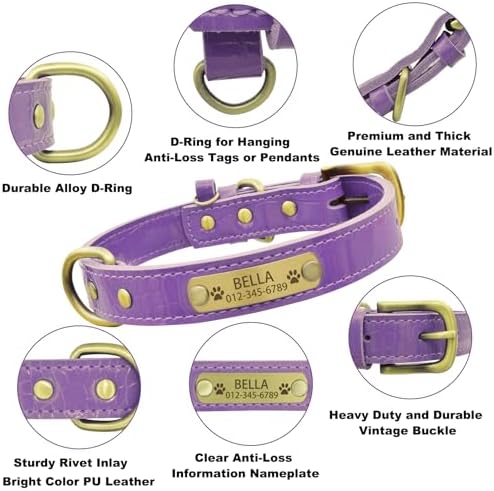 Personalized Genuine Leather Dog Collar with Engraved Name Plate - Durable and Stylish Custom Dog Collar for Small, Medium, and Large Dogs (XS,Light Purple)