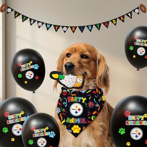 NFL Pittsburgh Steelers Dog Birthday Party Set 9pcs with 1 Football Bandana Small/Medium, 1 Banner, 1 Birthday Cake Toy & 6 B-Day Balloons, Dog Birthday Set, Costume, Fun Doggie Pawty Accesories