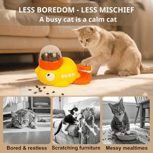 Duck Cat Treat Dispenser, 2026 New Duck Puzzle Feeder for Cats, Duckie Cat Feeder, Yellow Ducks Cat Feeder Toy, Food Dispenser Toy with Button, 2-in-1 Interactive Toy & Slow Feeder (2PC-Y+W)