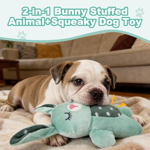 10.24 Inch Green Bunny Squeaky Dog Toy, Soft Plush Chew Toy for Puppy Teething, Indoor Outdoor Interactive Toy for All Dog Sizes