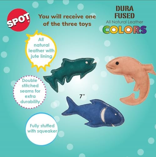 SPOT Dura-Fused Colors Fish - Colorful Leather Dog Toys with Squeaker, Made with Real Leather and Jute Fabric, Durable Stuffed Toy for Dogs and Puppies, 7in, Color and Style May Vary