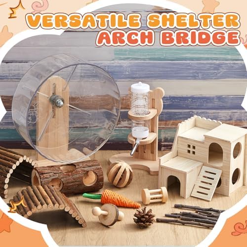 18 Pcs Hamster Cage Accessories, Silent Hamster Wheel 15 Toys Set