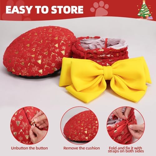 Homimp Christmas Cat Tunnel for Indoor with Bowtie, Cat Christmas Tree Large Tube Playground with Washable Circle Cushion and Plush Ball Toy, Round Pet Peekaboo Cave Toy for Kitten/Puppy/Rabbit,Red