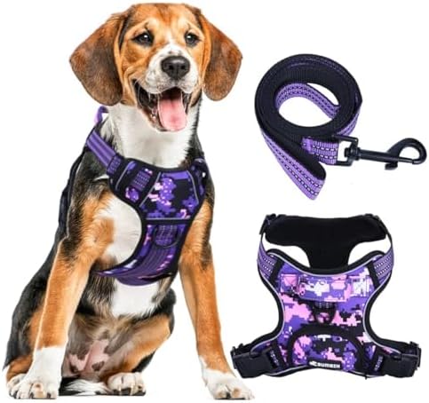 No Pull Dog Harness for Large Dogs, Adjustable No Choke Pet Vest with Dog Leash Fit Smart Reflective Pet Walking Harness for Training Easy Control Soft Handle Purple Camo L