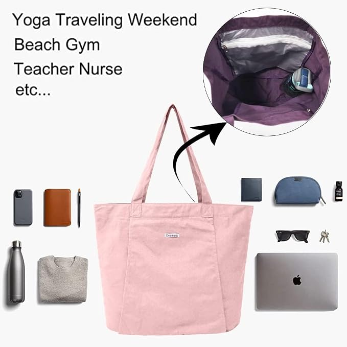 Yoga Mat Bag for Women, Pure Cotton Canvas Yoga Tote with Wet/Dry Pocket, Bottle Holder & Inner Zipper Pocket, Yoga Mat Carrier Bag for Pilates, Gym, Travel, Beach