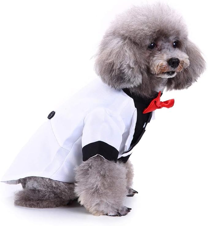 GabeFish Pets Wedding Jacket for Dogs - White Bow Tie Tuxedo Large