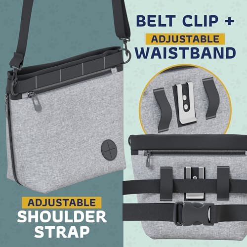 Katziela Expandable Pet Treat Pouch - Hands Free Dog Treat Pouch, Quick Access Magnet Closure - Anti Spill Dog Treat Bag - Treat Pouches for Pet Training, Adjustable Shoulder Strap & Belt Clip (Grey)