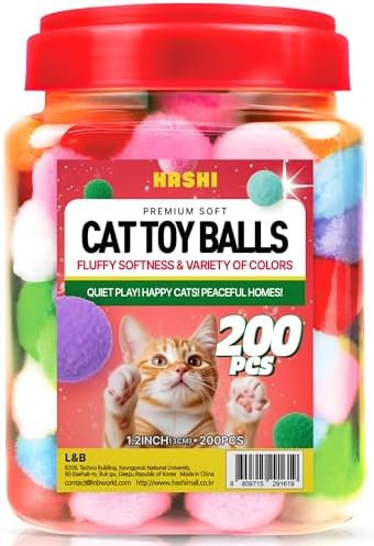 HA SHI [200pcs in Sturdy Jar] 1.2 Inch Soft Plush Cat Toy Balls - Perfect Size Interactive Fetch Toys for Indoor Cats, Quiet Night Play, Assorted Colorful Fuzzy Poms for Kittens